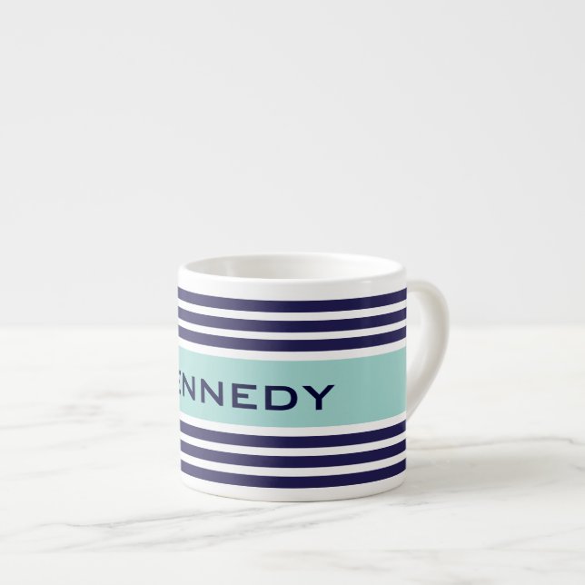Xícara De Espresso Monograma Personalizado de faixas verdes e Marinho (Frente Esquerda)