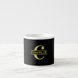 Xícara De Espresso Monograma Personalizado E Nome Preto E Dourado