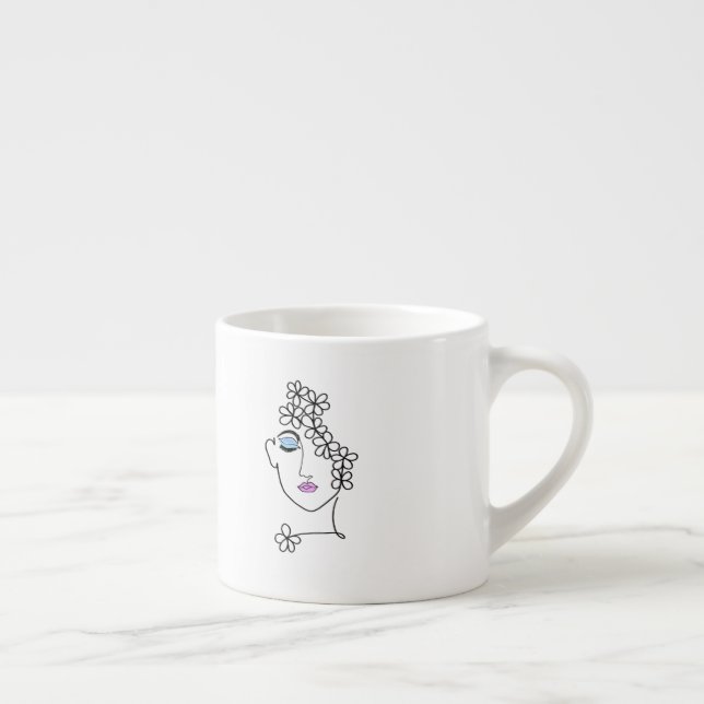 Xícara De Espresso Mulher Com Flores Arte Linear   (Direita)
