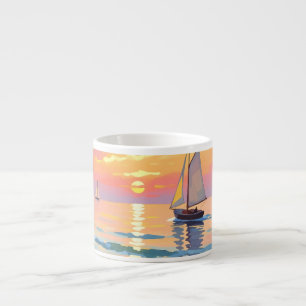 Xícara De Espresso Navio de vela no pôr do sol no mar
