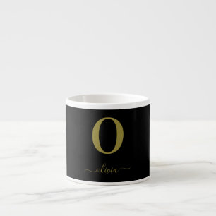 Xícara De Espresso Nome de Letra Monograma Personalizado Preto e Dour