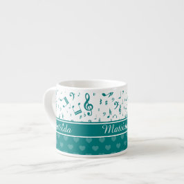 Xícara De Espresso Notas de música e corações - padrão Teal e Branco