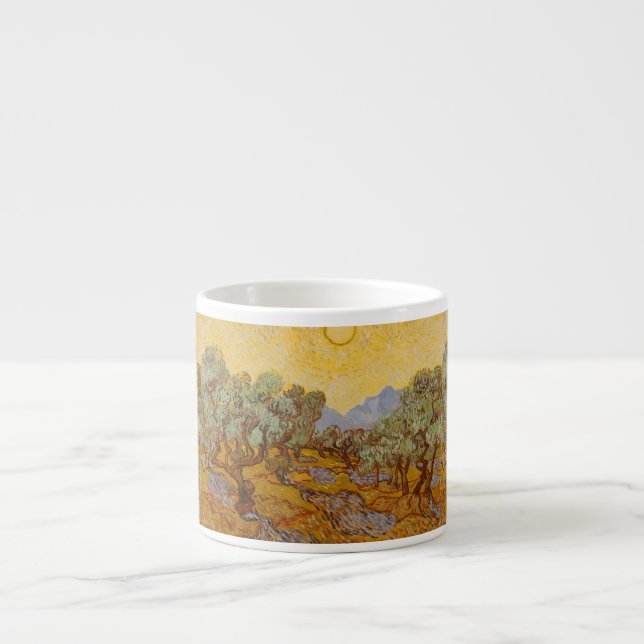 Xícara De Espresso Oliveiras de Van Gogh Sol Amarelo Céu (Frente)