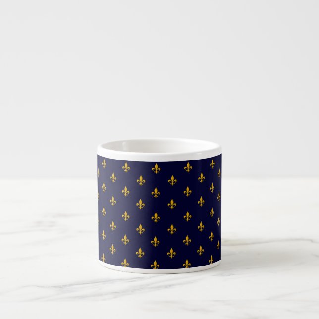 Xícara De Espresso Ouro Fleur de Lis no Marinho Azul (Frente)