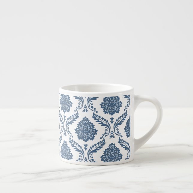 Xícara De Espresso Padrão de Damasco Rococó Azul sobre Branco (Direita)