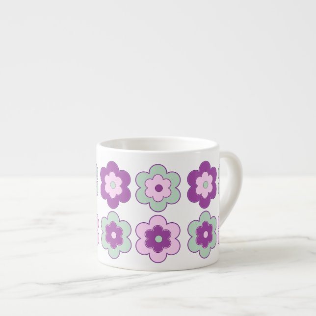 Xícara De Espresso Padrão de Flores Bolha Retro (Roxo e Verde) (Frente Esquerda)