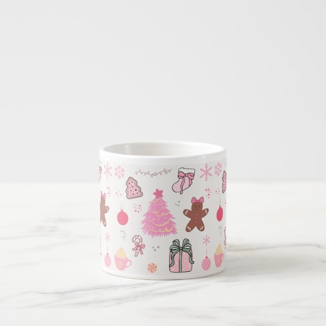 Xícara De Espresso Padrão de Natal Rosa (Frente)