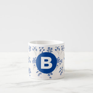 Xícara De Espresso Padrão Floral Azul Elegante Monograma