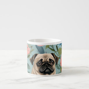 Xícara De Espresso Padrão Floral Vintage Pug Cachorro Botânico Fofo 