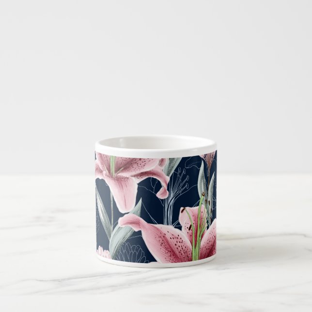 Xícara De Espresso Padrão Sem Costura De Flor Rosa. (Frente)