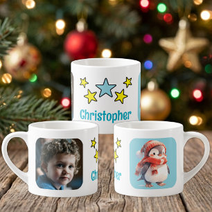 Xícara De Espresso Para foto de crianças nome pinguim natal azul