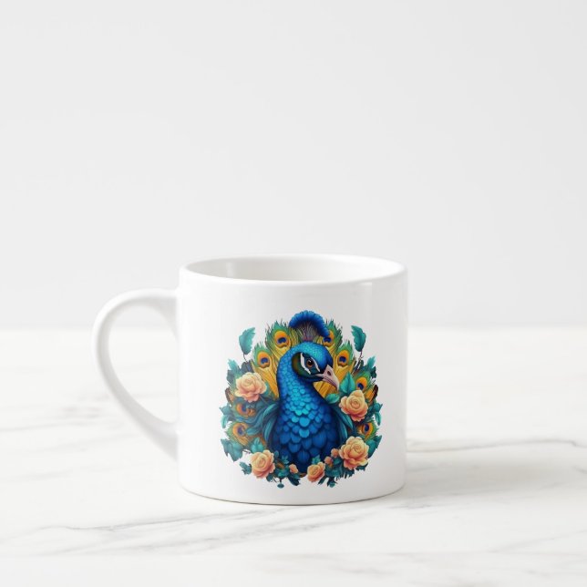 Xícara De Espresso Pavão Com Rosas Pêssego (Esquerda)