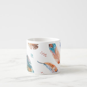 Xícara De Espresso Penas Desenhadas À Mão: Padrão Branco De Fundo