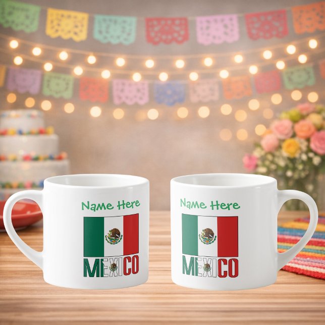 Xícara De Espresso Personalized Mexico Flag Name Design (Personalize espresso cup has Mexican Flag, MEXICO below in flag colors. Name above. Design 2 sides.)