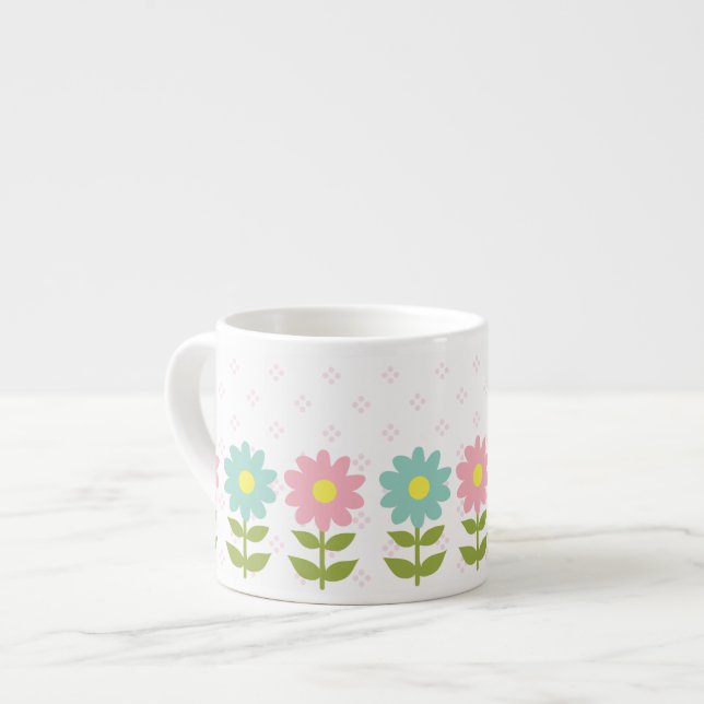 Xícara De Espresso Piink e flores azuis do primavera (Frente Esquerda)