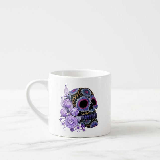 Xícara De Espresso Purple Floral Black Sugar Skull Dia Dos Mortos (Esquerda)
