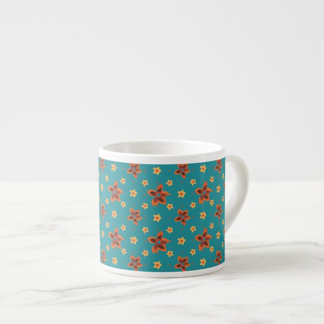 Xícara De Espresso Retro Floral e Bolinhas na Teal Espresso Mug (Frente Esquerda)