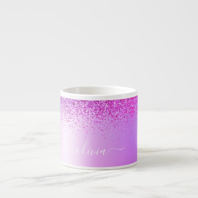 Xícara De Espresso Rótulo Glitter Roxo Monograma Feminino (Frente)