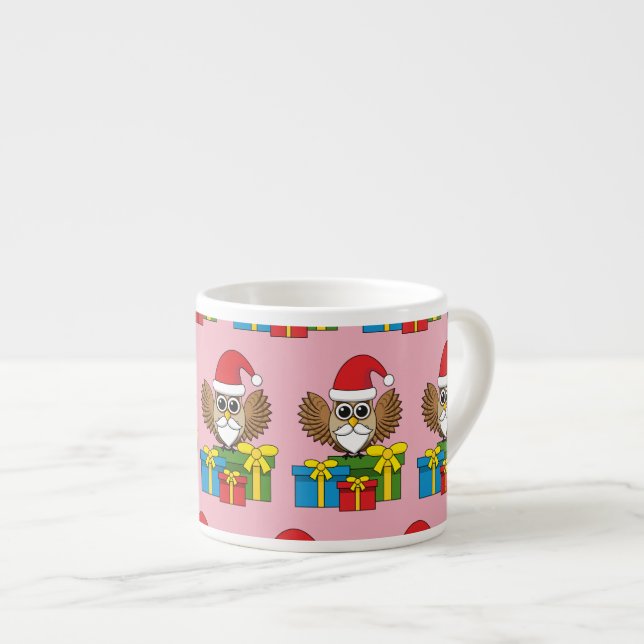 Xícara De Espresso Santa Claus Owl com Presentes (Frente Esquerda)