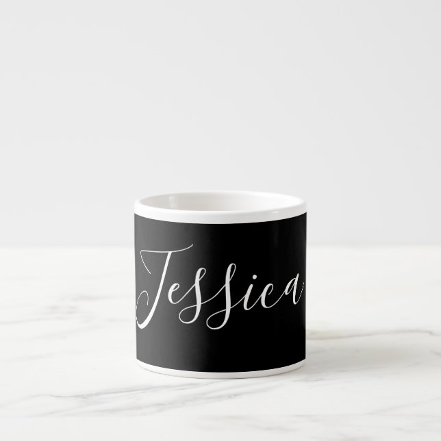 Xícara De Espresso Seu nome | Script branco elegante em preto (Frente)