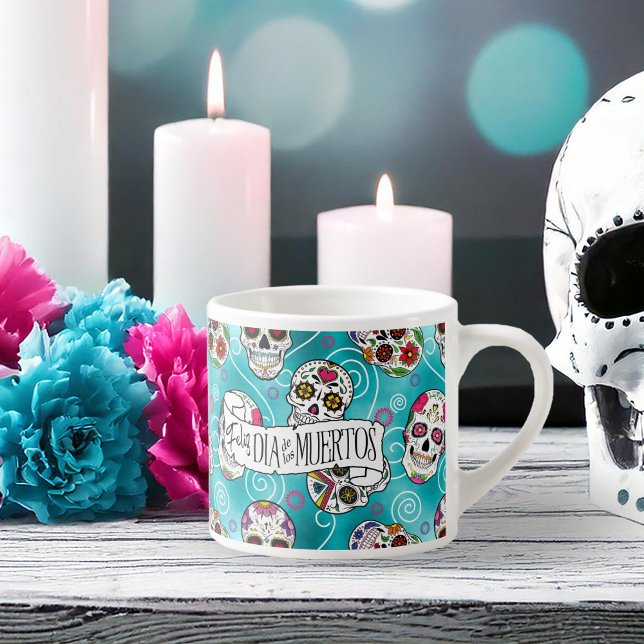 Xícara De Espresso Sugar Skulls and Swirls Rosa Turquoise ID725 (Criador carregado)