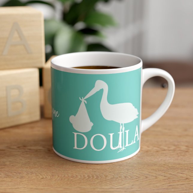 Xícara De Espresso Tempestade moderna Silhouette Teal Doula Espresso  (A cute teal and white stork silhouette espresso cup with space for your name. )