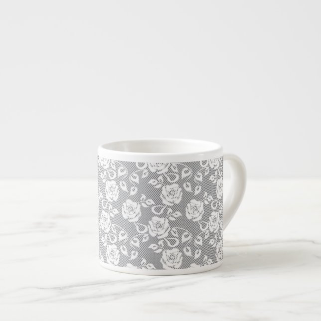 Xícara De Espresso Teste padrão branco do laço no fundo cinzento (Frente Esquerda)