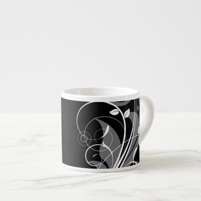 Xícara De Espresso Teste padrão floral cinzento no preto (Frente Esquerda)