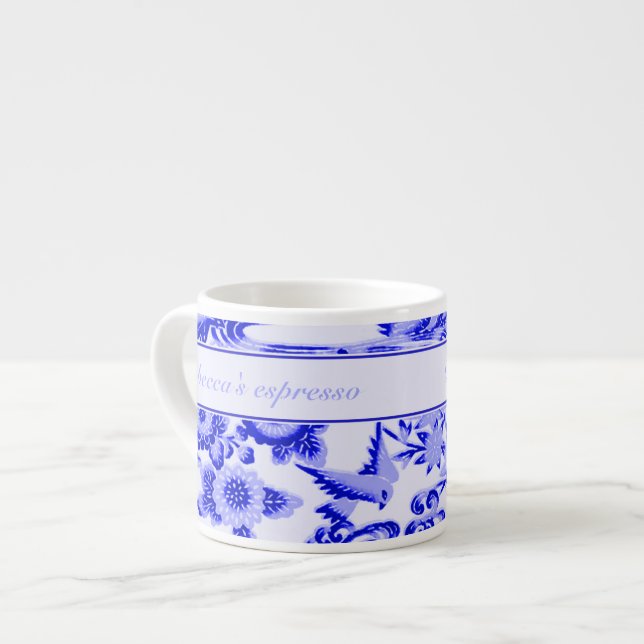 Xícara De Espresso Teste padrão oriental personalizado do pássaro e (Frente Esquerda)