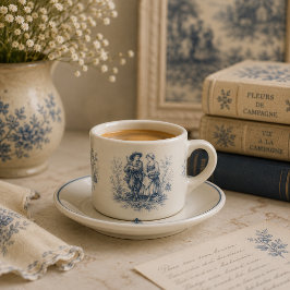 Xícara De Espresso Toile de Jouy Romântica no Azul Empoeirado no Camp