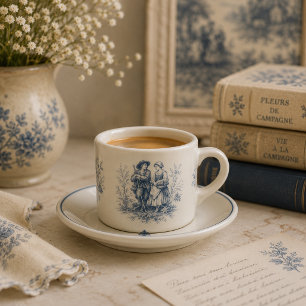 Xícara De Espresso Toile de Jouy Romântica no Azul Empoeirado no Camp