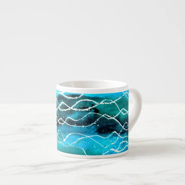 Xícara De Espresso Turquesa, Preta, "Ondas Brancas" Espresso Mug (Frente Esquerda)
