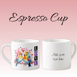 Xícara De Espresso Valentine lovebirds custom text purple