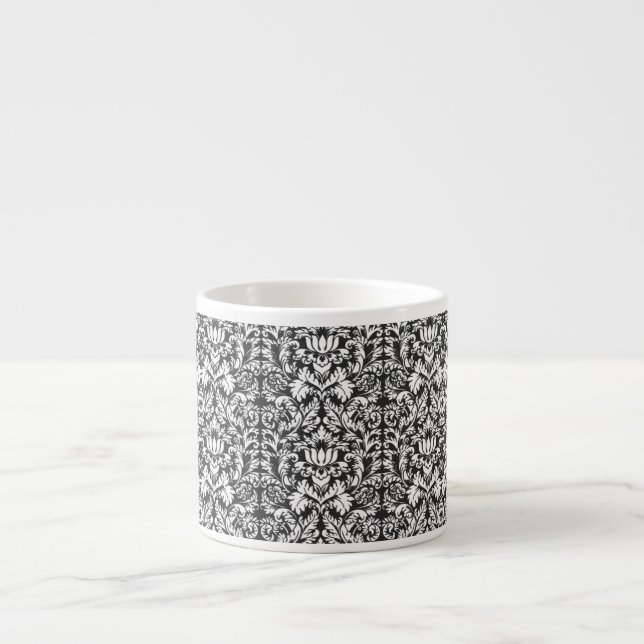 Xícara De Espresso Vintage Brocado de Renda de Damasco Preto e Branco (Frente)