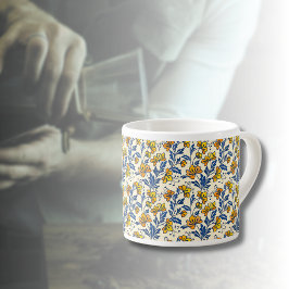 Xícara De Espresso Vintage Yellow Orange Folk Floral Blue Leaf