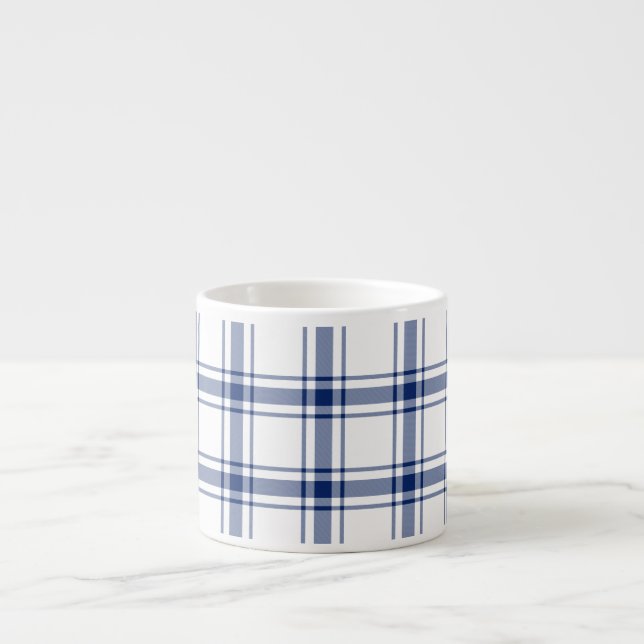 Xícara De Espresso Xadrez náutico azul e branco (Frente)