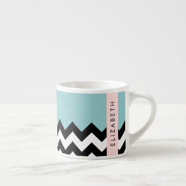 Xícara De Espresso Zigzag preto-e-branco, Chevron, azul, seu nome
