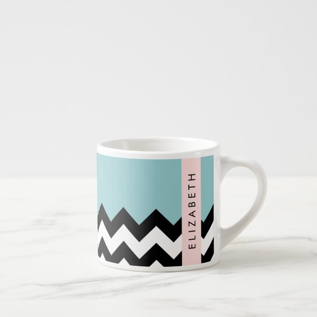 Xícara De Espresso Zigzag preto-e-branco, Chevron, azul, seu nome (Direita)
