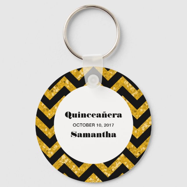 Yellow Chevron Glitter Quinceañera Chaveiro (Frente)