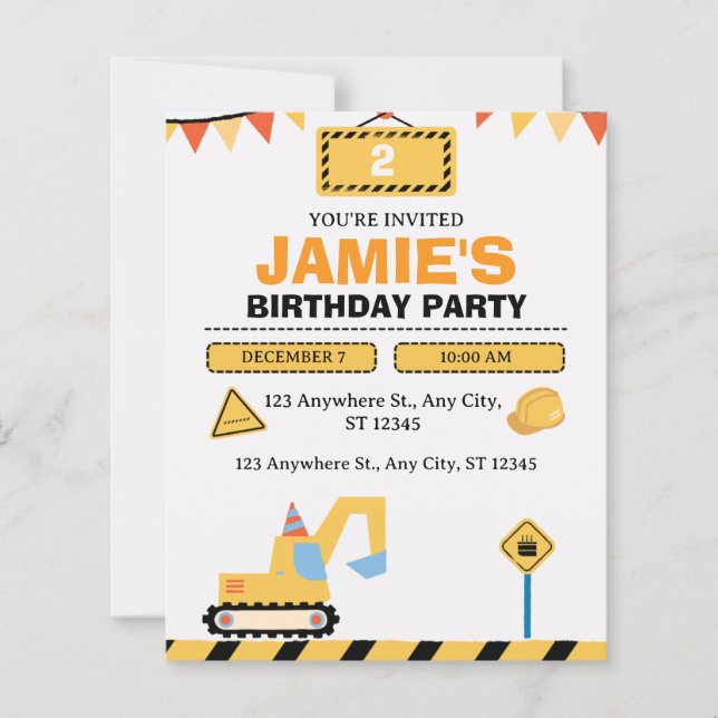 Yellow Cute Construction Truck Boys 2nd Birthday (Frente)