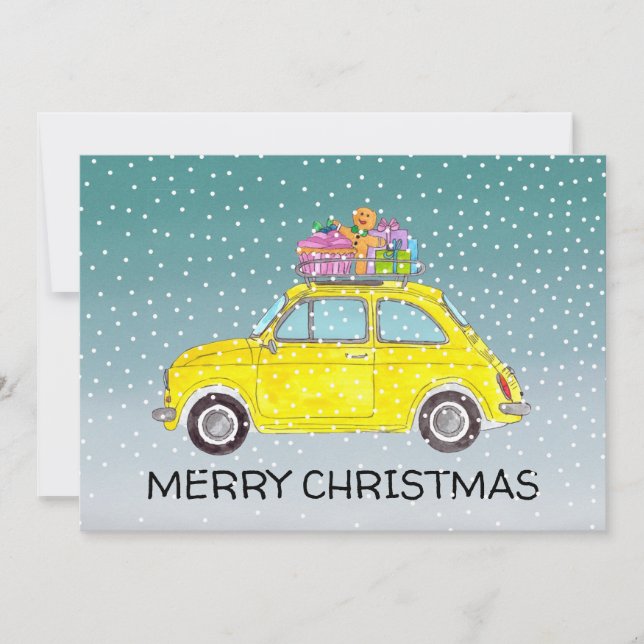Yellow Fiat 500 com cartão de Natal de presentes (Frente)