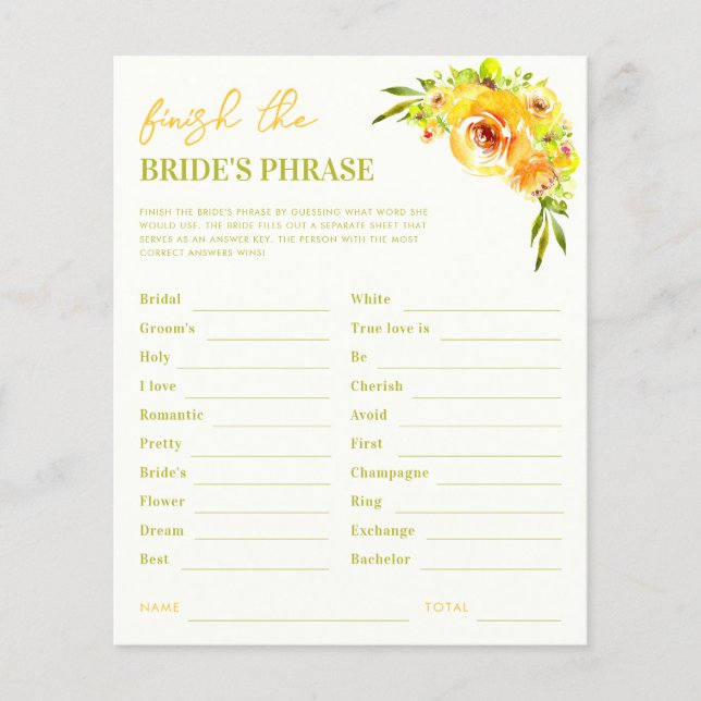 Yellow Finish the Brides Phrase Bridal Shower Game (Frente)