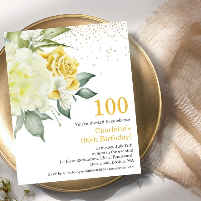 Yellow Floral 100th Budget Birthday Convite (Criador carregado)