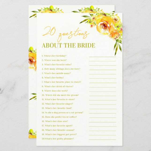 Yellow Floral 20 Questions About the Bride Game (Frente/Verso)