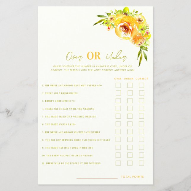 Yellow Floral Over or Under Bridal Shower Game (Frente)
