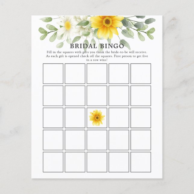 Yellow Florals Greenery Chá de panela Bingo Game (Frente)