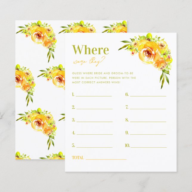 Yellow Green Where Were They Bridal Shower Game (Frente/Verso)