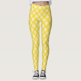 Yellow leggings with a white plaid pattern 