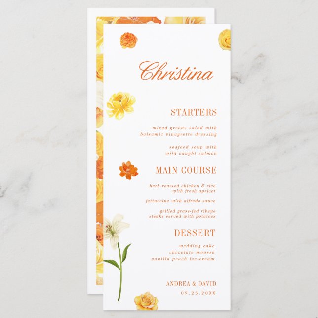 Yellow Orange Floral Custom Guest Name Garden Menu (Frente/Verso)