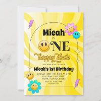 Yellow Retro One Happy Duo Birthday Convite